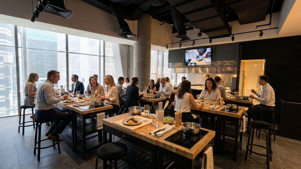 Guests dining at cooking stations converted into a dining table, eating what they cooked