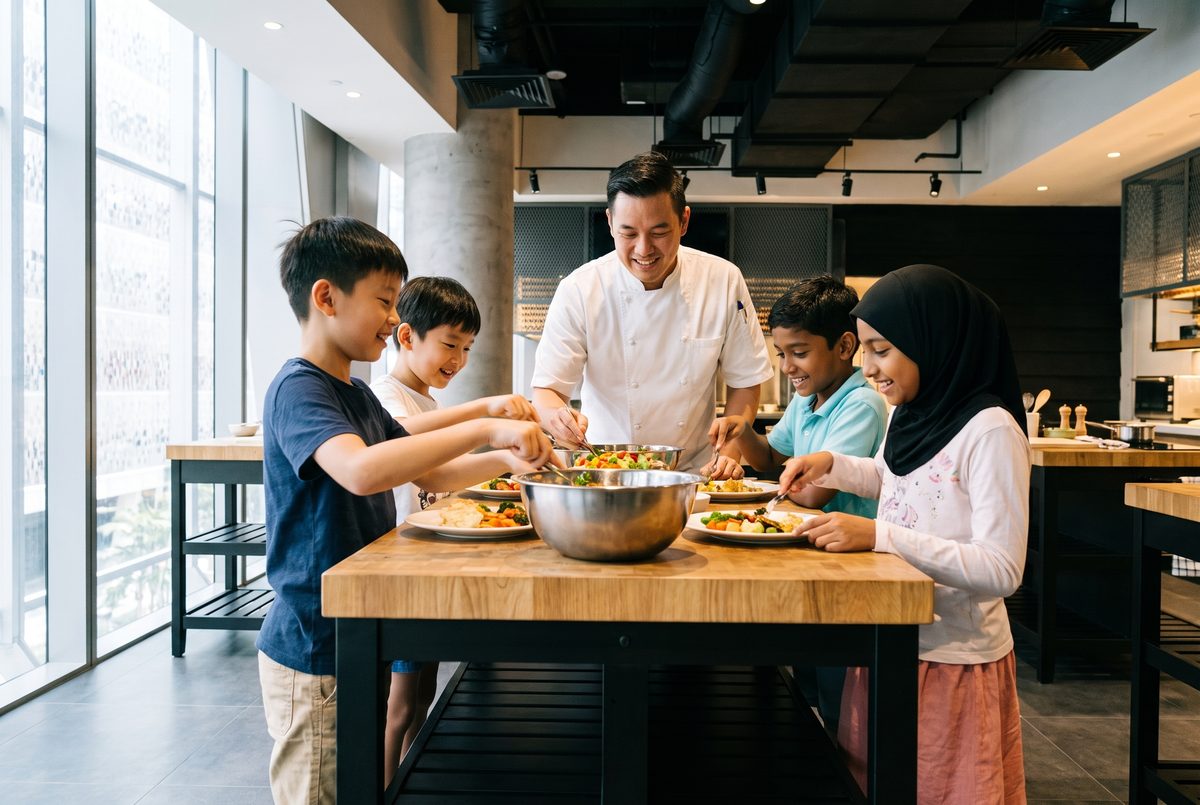Children cooking with a chef at the Junior Chef holiday camp in Singapore