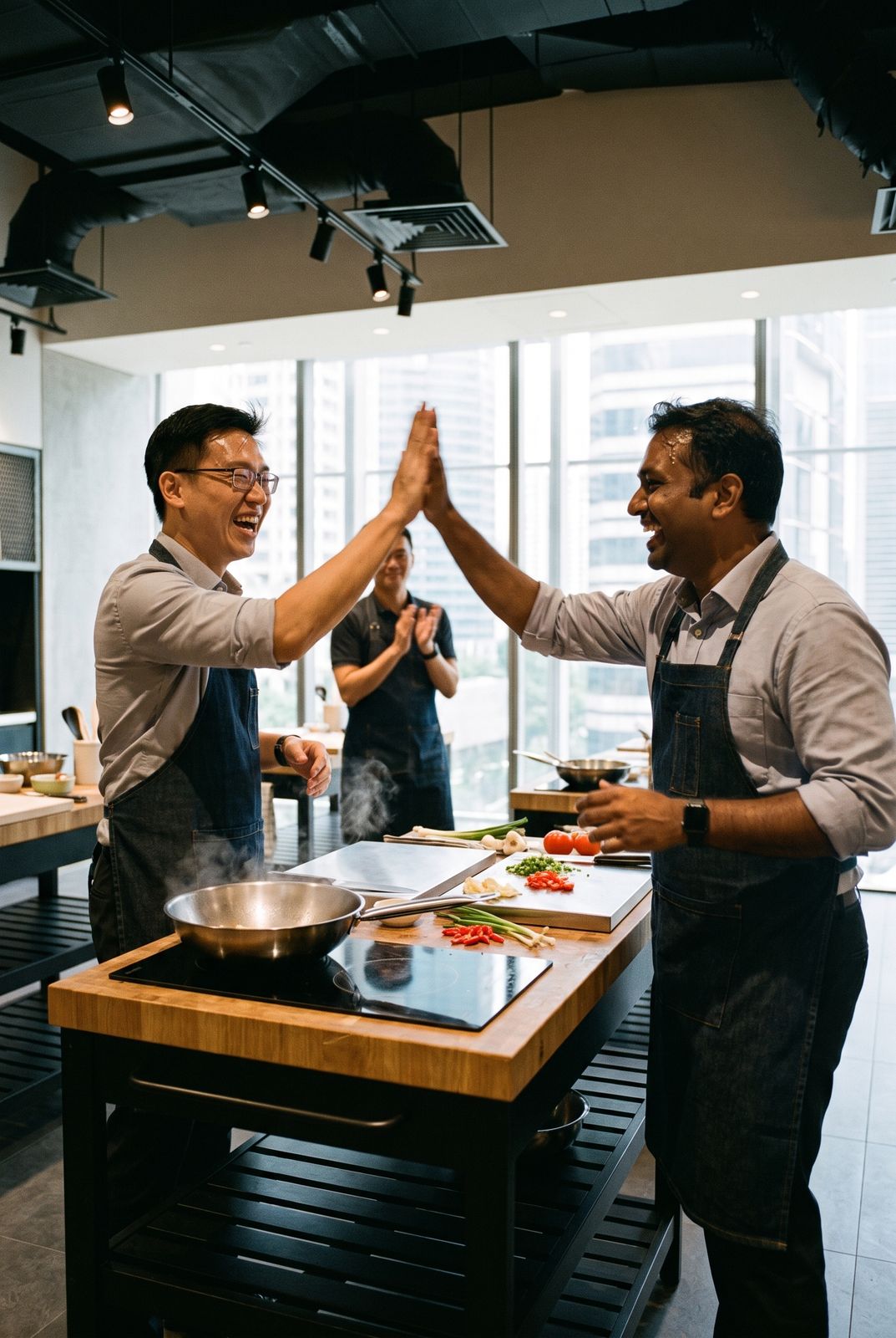A corporate team cooking together at D'Open Kitchen Singapore