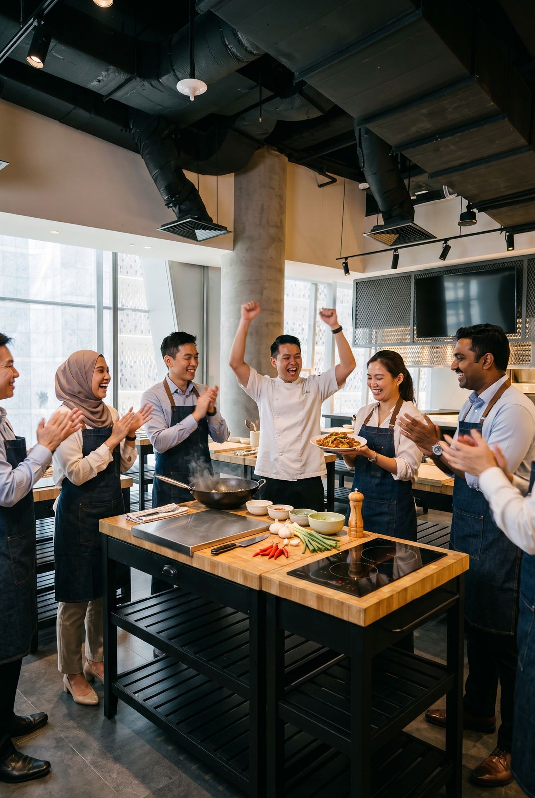 A D'Open Kitchen chef facilitator rallying a team during a cooking challenge in Singapore