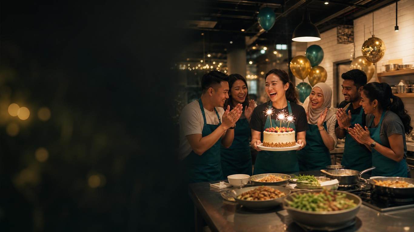 Friends cheering as the birthday girl holds a sparkler cake at a cooking party at D'Open Kitchen Singapore