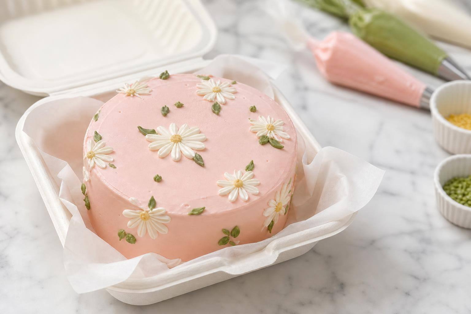 A finished Korean bento cake with pink buttercream and piped daisies in its bento box