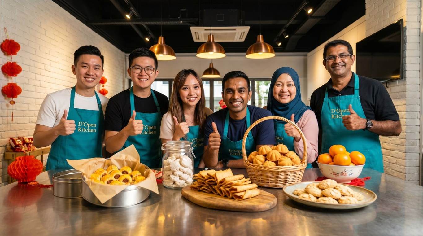 A corporate team showing off baskets of festive bakes to take home after a baking team building event