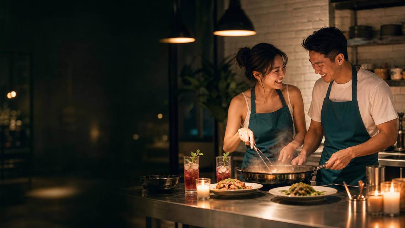 Couple cooking a candlelit three-course dinner together on a date night at D'Open Kitchen Singapore