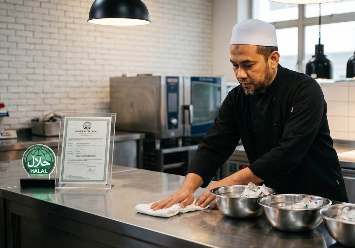 Halal certification displayed during kitchen cleansing at D'Open Kitchen