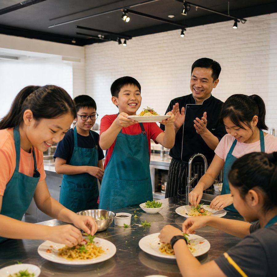 Young chefs proudly plating their dishes at the holiday camp
