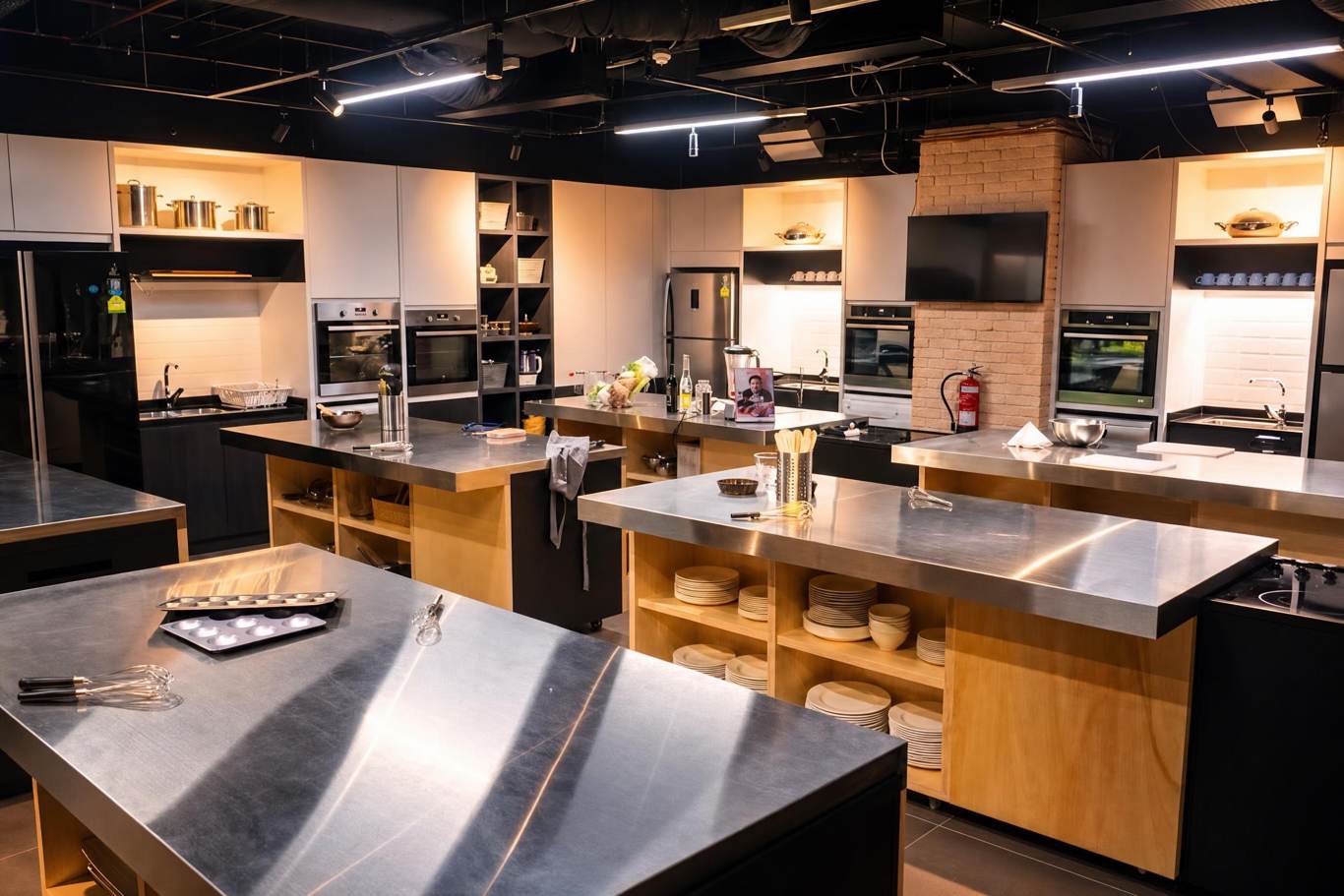 The actual D'Open Kitchen studio at Shenton Way set up with cooking stations, available for exclusive rental