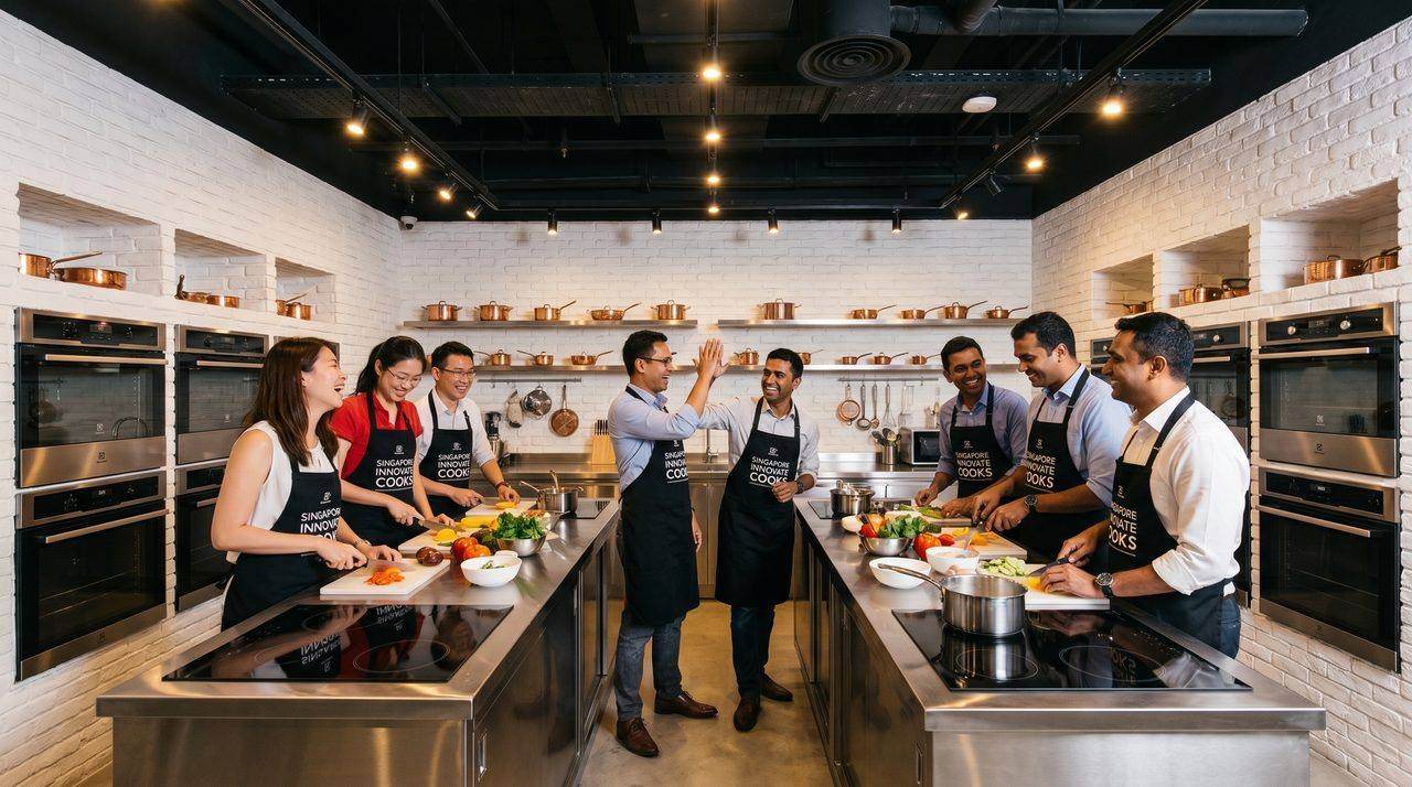 A corporate team cooking together at D'Open Kitchen Singapore