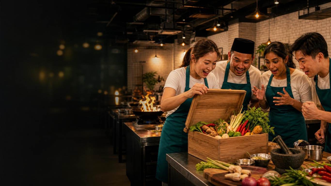 A team opens a mystery box of ingredients during a cooking team building challenge at D'Open Kitchen Singapore