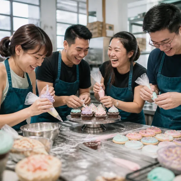 Kids baking and decorating at a D'Open Kitchen holiday camp