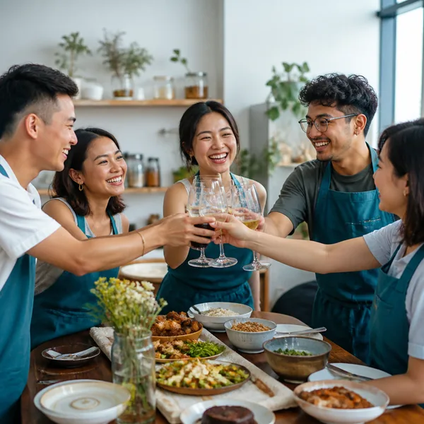 Friends toasting over the meal they cooked at a private celebration in Singapore