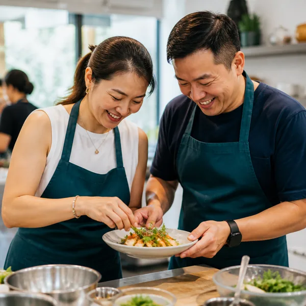 Colleagues plating a dish together at a cooking team building session