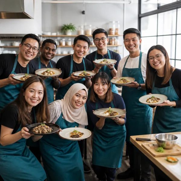 A corporate team holding up the dishes they cooked at D'Open Kitchen