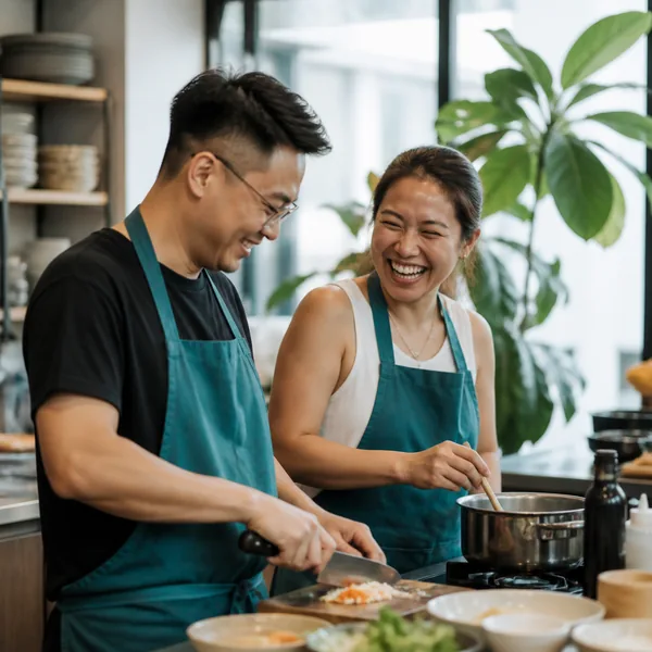 Two colleagues laughing while cooking together in Singapore