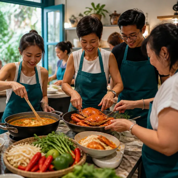 A group cooking local Singaporean dishes at a heritage cooking class