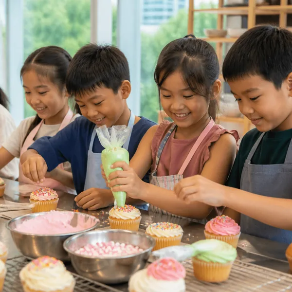 Children decorating cupcakes at a kids holiday cooking camp in Singapore
